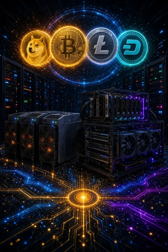 Hash farm with Dogecoin, Bitcoin, Litecoin and Digibyte